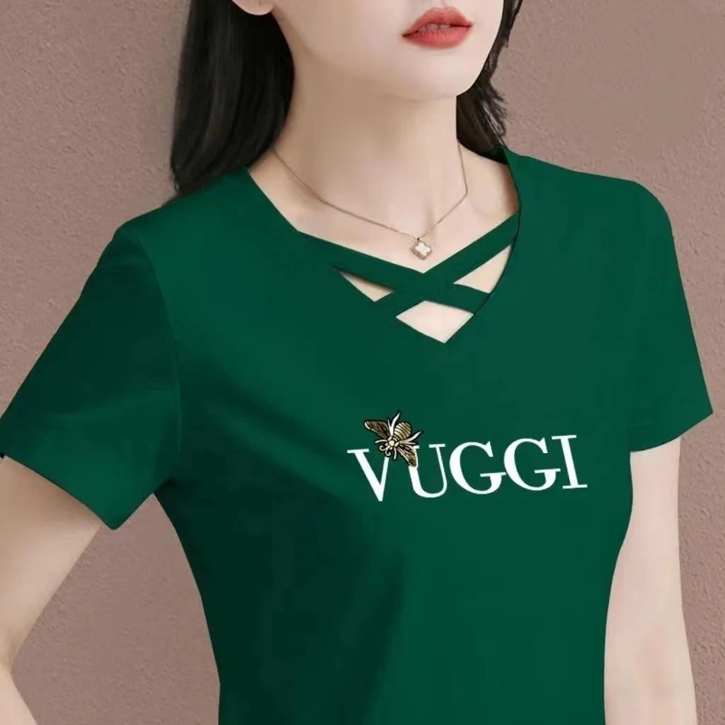清仓短袖~大牌剪标外贸撤回纯棉v领镂空上衣妈妈装时尚遮肚子上衣