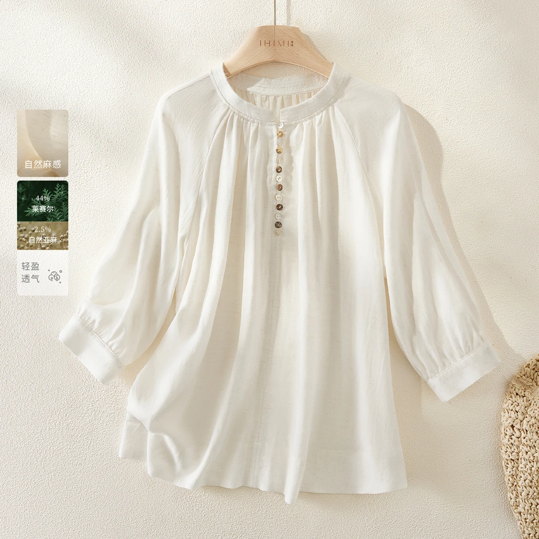 IHIMI/海谧2025年夏季新款女装简约时尚气质复古七分袖衬衫上衣
