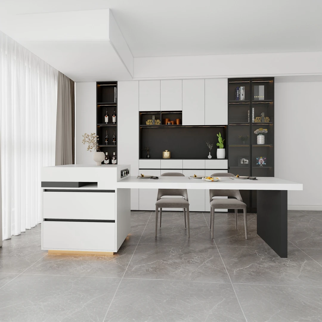 意式极简岩板岛台餐桌一体可伸缩家用中岛台餐桌椅组合开放式厨房