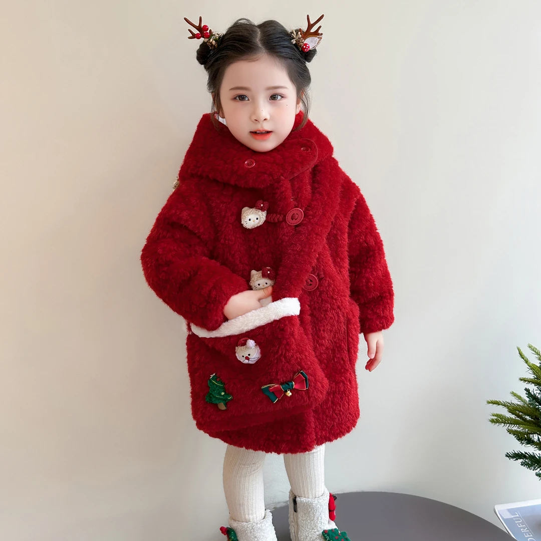 女童加绒羊羔绒外套2025冬季洋气儿童加厚毛毛衣女宝宝红色拜年服