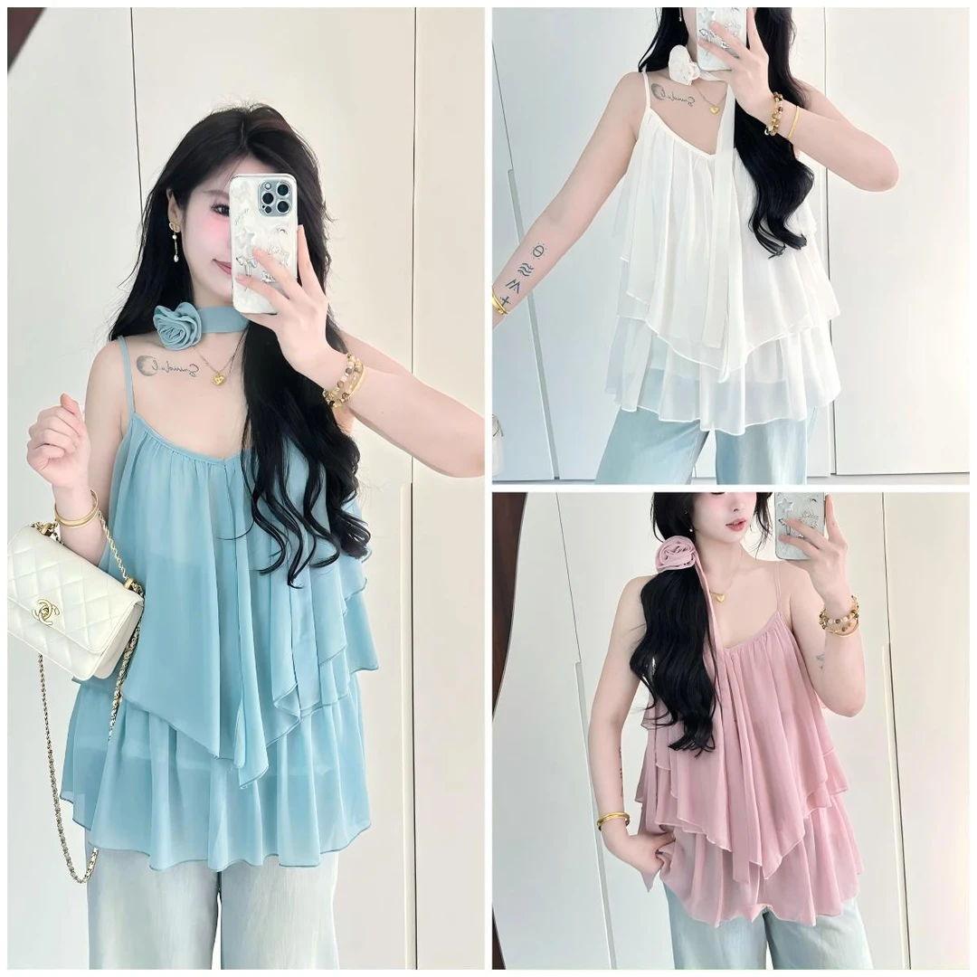 李潇洒【Summer度假】微胖大季花朵飘带韩系甜美宽松V领吊带雪纺衫