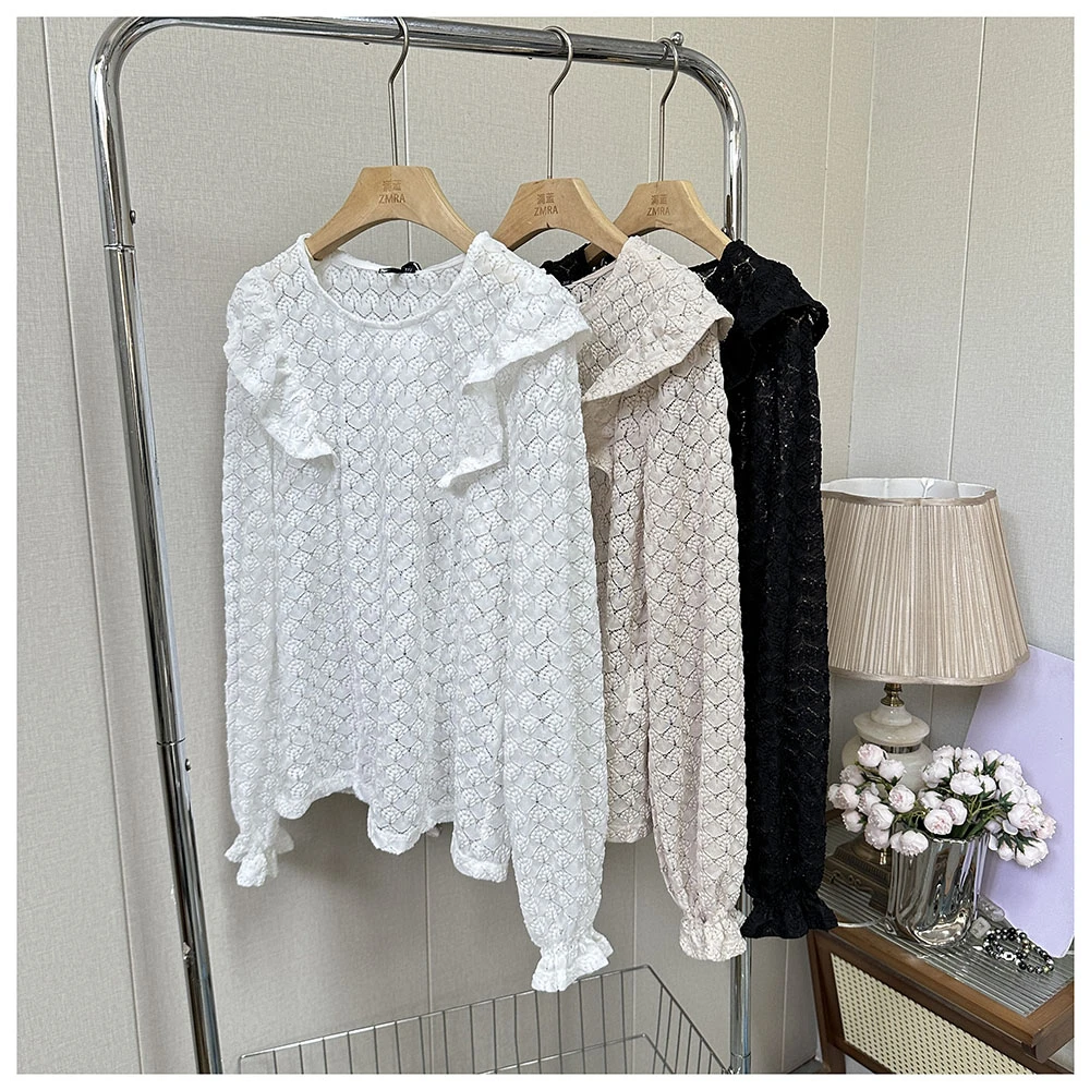 1T218春夏新款女士宽松镂空花边领长袖T恤女