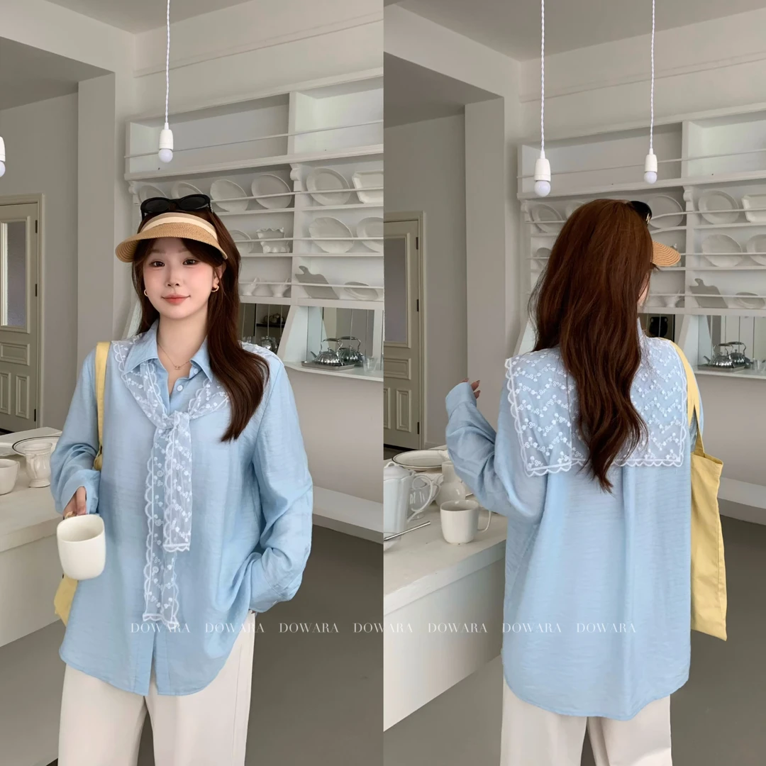 现货大婉酱千千微胖定制 法式蕾丝披肩翻领长袖衬衫女两件套8246D