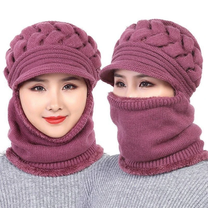 帽子女中老年人冬季毛线帽加厚加绒连体妈妈帽保暖秋冬帽子女秋冬