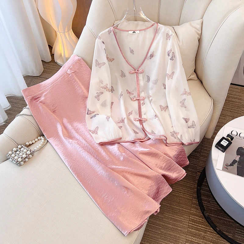 富家千金气质衣服大码女装胖mm中式雪纺上衣粉色半身裙打底套装