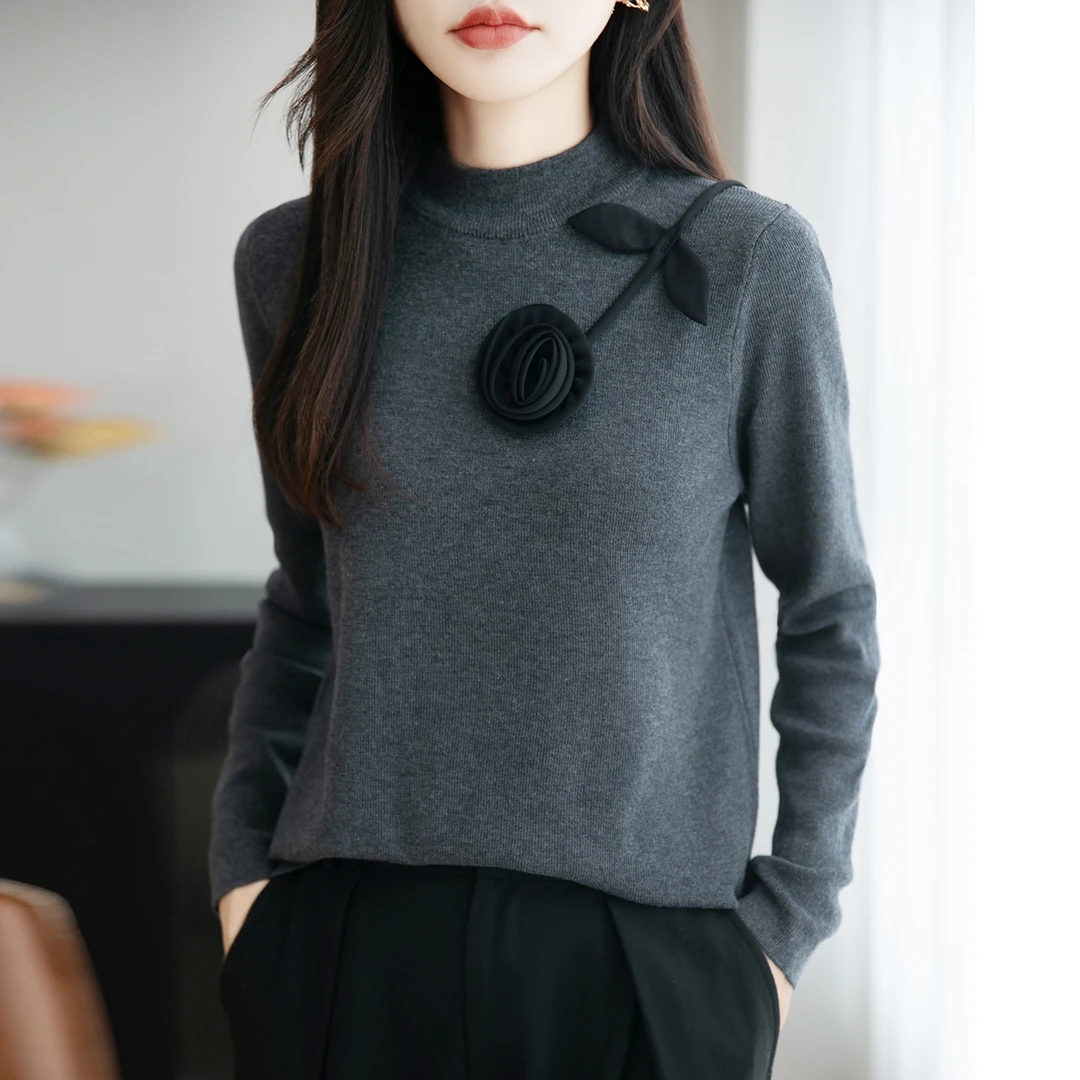 品牌时尚女装秋冬中式套头精纺针织上衣中领花朵针织打底衫内搭