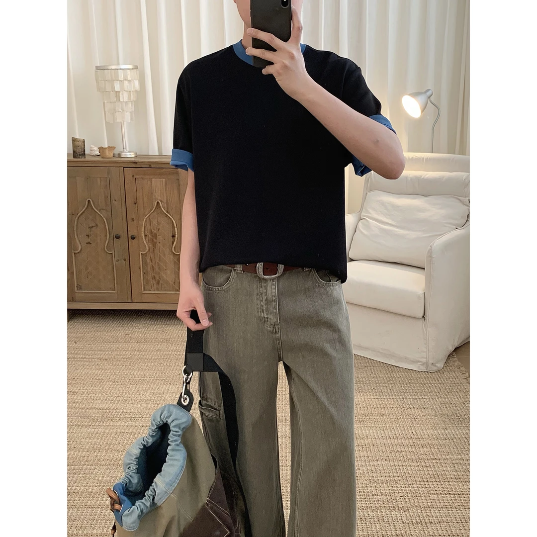 阿茶与阿古撞色短袖t恤男夏季新款韩版潮流宽松休闲上衣A2504213