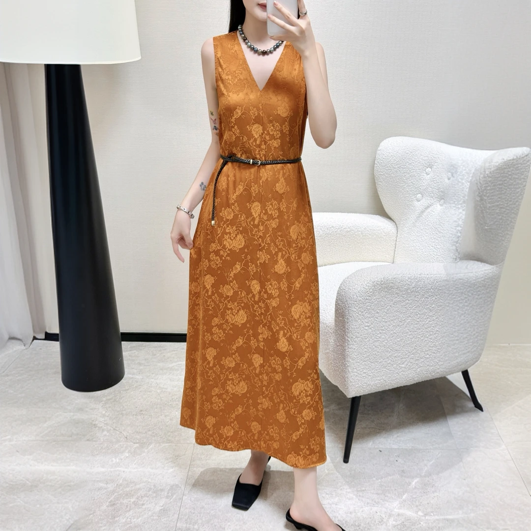 夏季新款赫本风新中式连衣裙 100%铜氨丝无袖显瘦透气A字长裙
