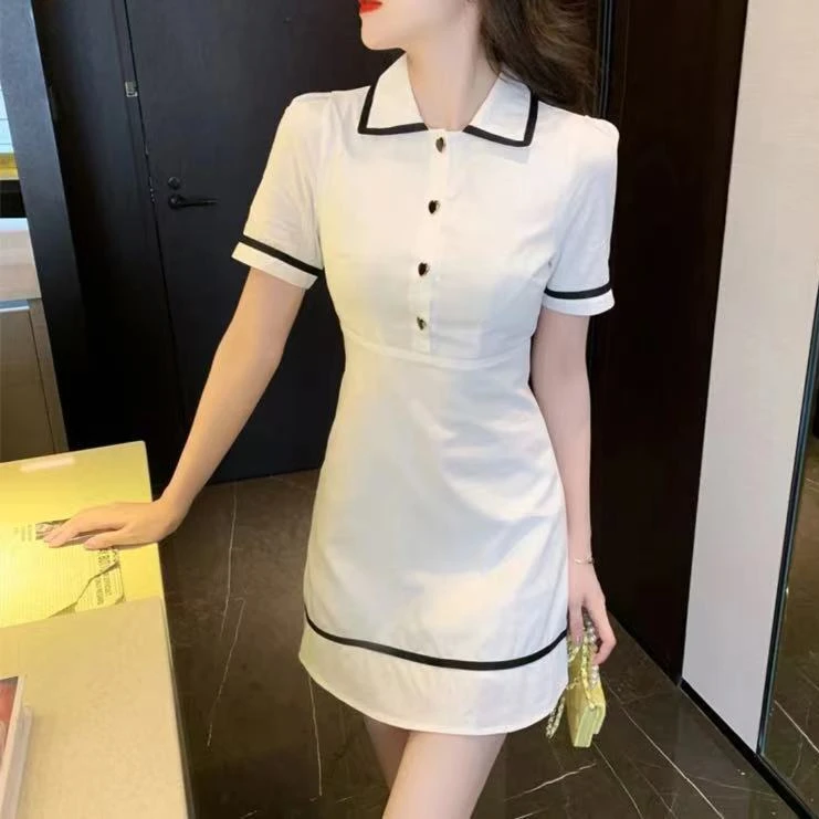 【莎莎】翻领连衣裙撞色夏季显瘦收腰减龄气质女05253裙