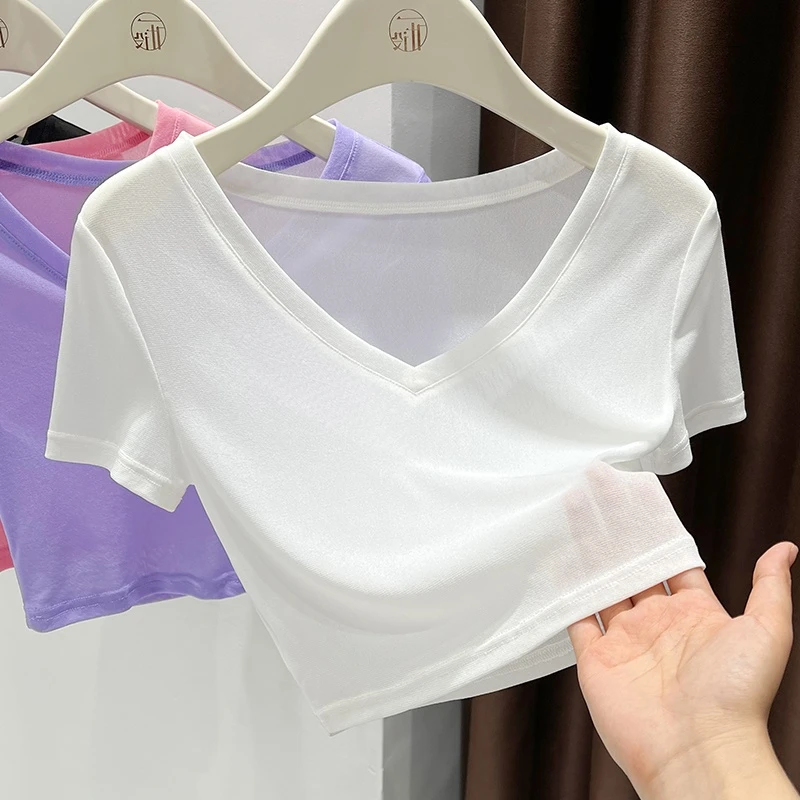 2025夏季新款V领气质网纱透气清凉短袖T恤时尚百搭短款纯色上衣女