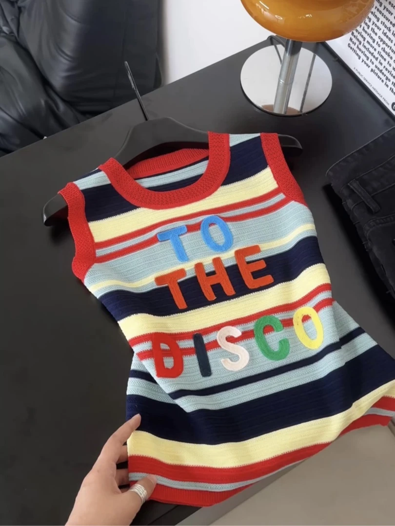撞色条纹字母印花针织冰丝无袖T恤女2025新款夏季多巴胺绝美上衣
