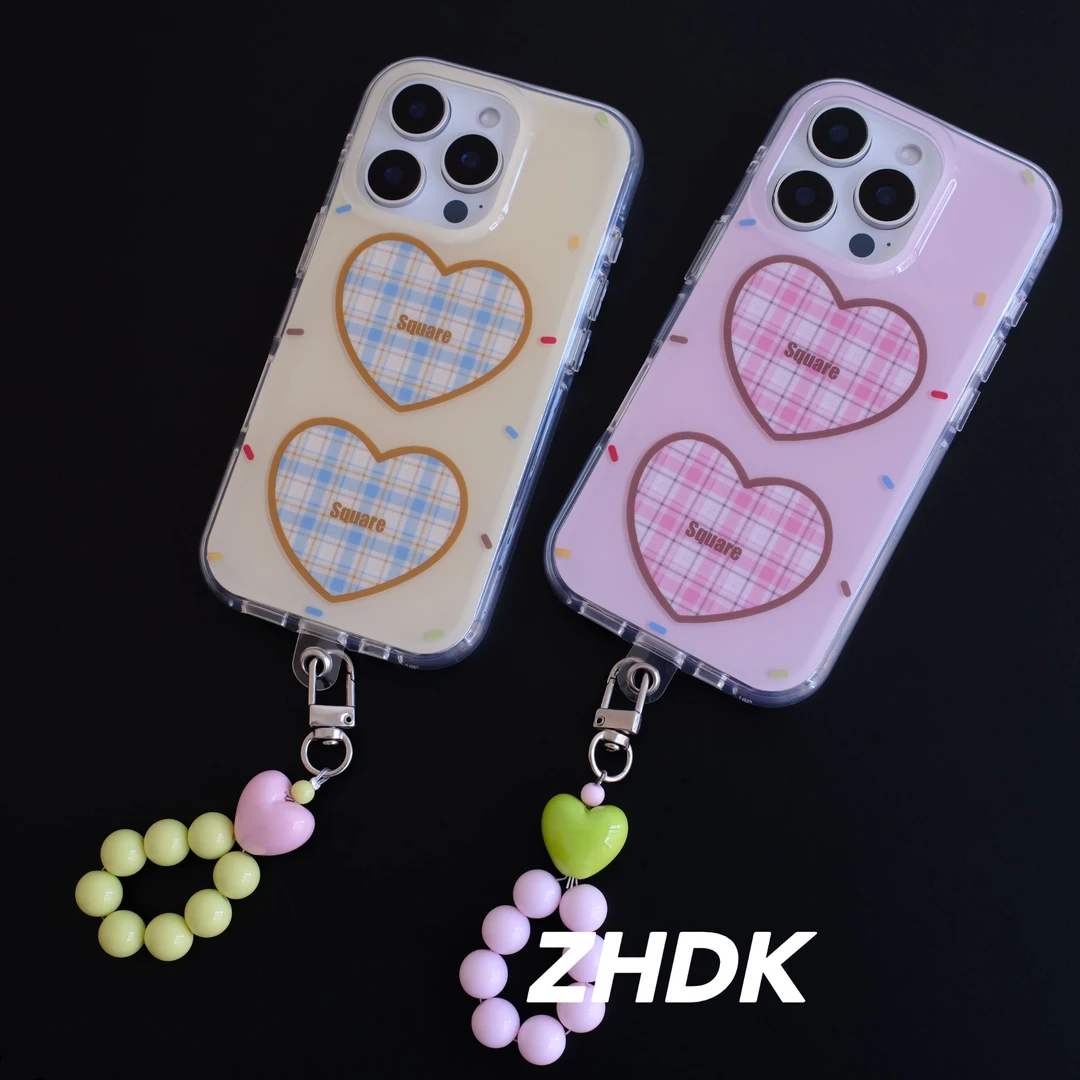 爱心设计甜美高级感适用iPhone16promax手机壳防摔15/14简约格纹