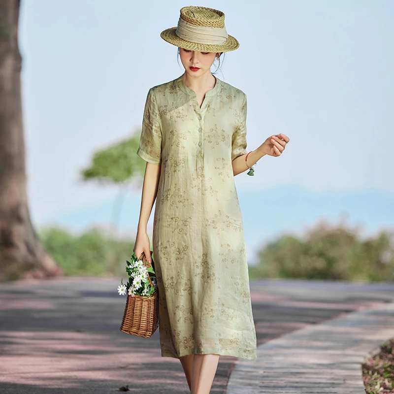 高端苎麻碎花连衣裙女2025新款夏季气质宽松显瘦减龄棉麻裙子薄款