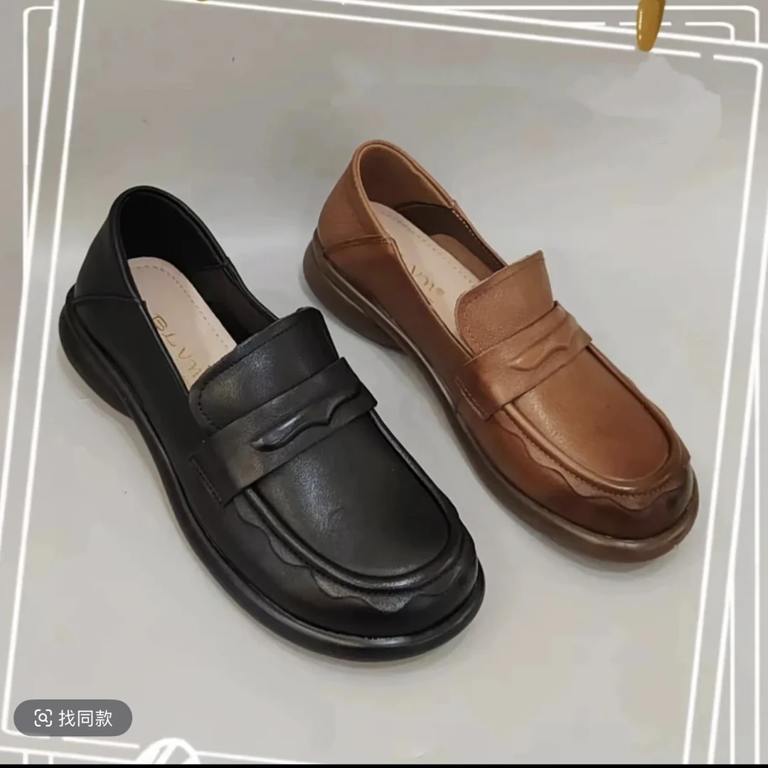 百搭休闲皮鞋厚底乐福鞋圆头英伦一脚蹬皮鞋复古简约