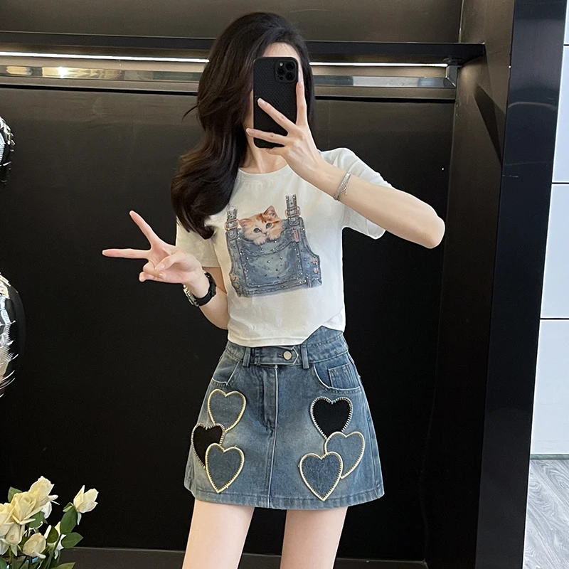 烫钻修身短款t恤女短袖夏季新款设计感显瘦百搭辣妹半袖衫上衣潮