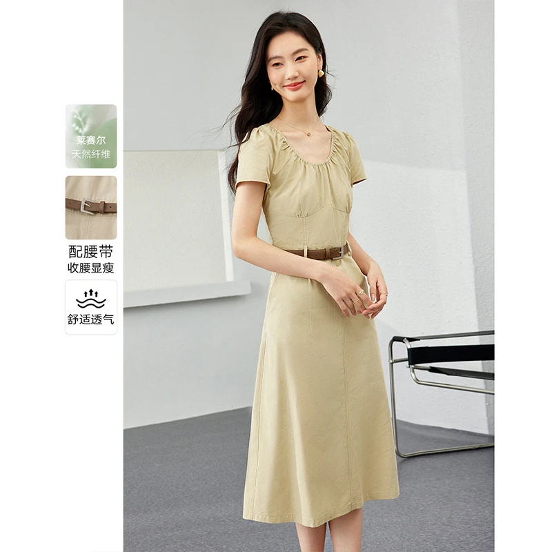 *法式圆领莱赛尔连衣裙女2025年夏季收腰后开衩气质裙子16635