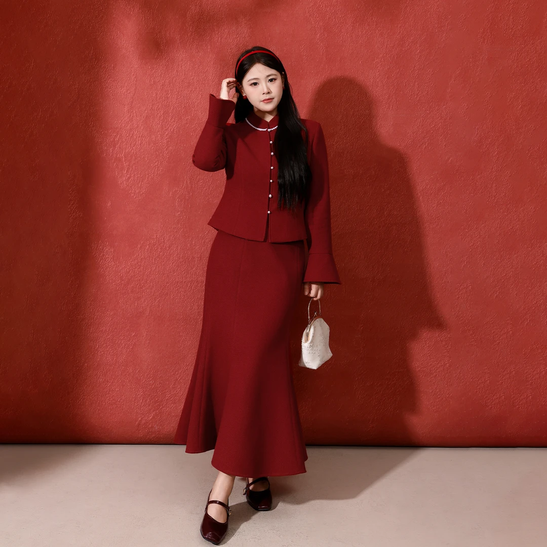 Y【玲珑珠翠】秋冬大码女装新中式订婚结婚礼服鱼尾半裙套装DM35249