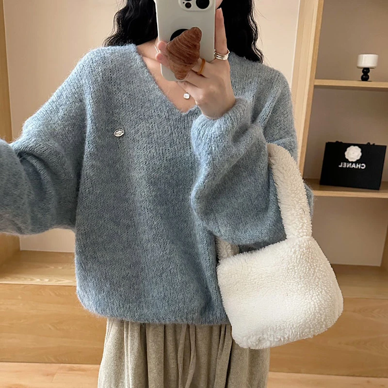 秋季新款慵懒风V领宽松显瘦长袖针织毛衣女上衣-5155