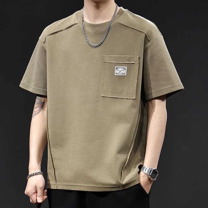 新款潮牌美式复古飞边设计肌理短袖t恤男士2025夏季大码高端体恤