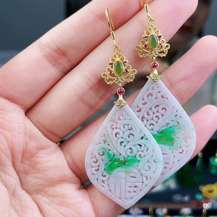 翡翠耳饰银S925镶嵌饰品