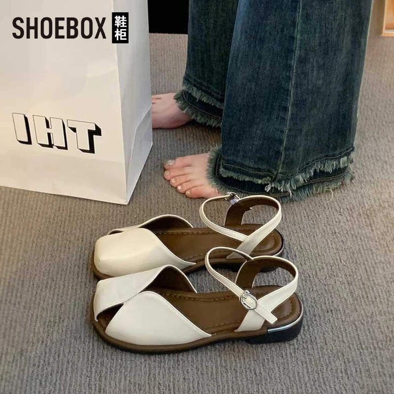 SHOEBOX鞋法式平底包头凉鞋女款2025新款爆款夏季外穿沙滩罗马鞋