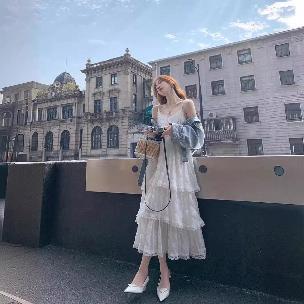 连衣裙低腰中长款女装褶皱夏季小个子法式裙子气质吊带蛋糕裙