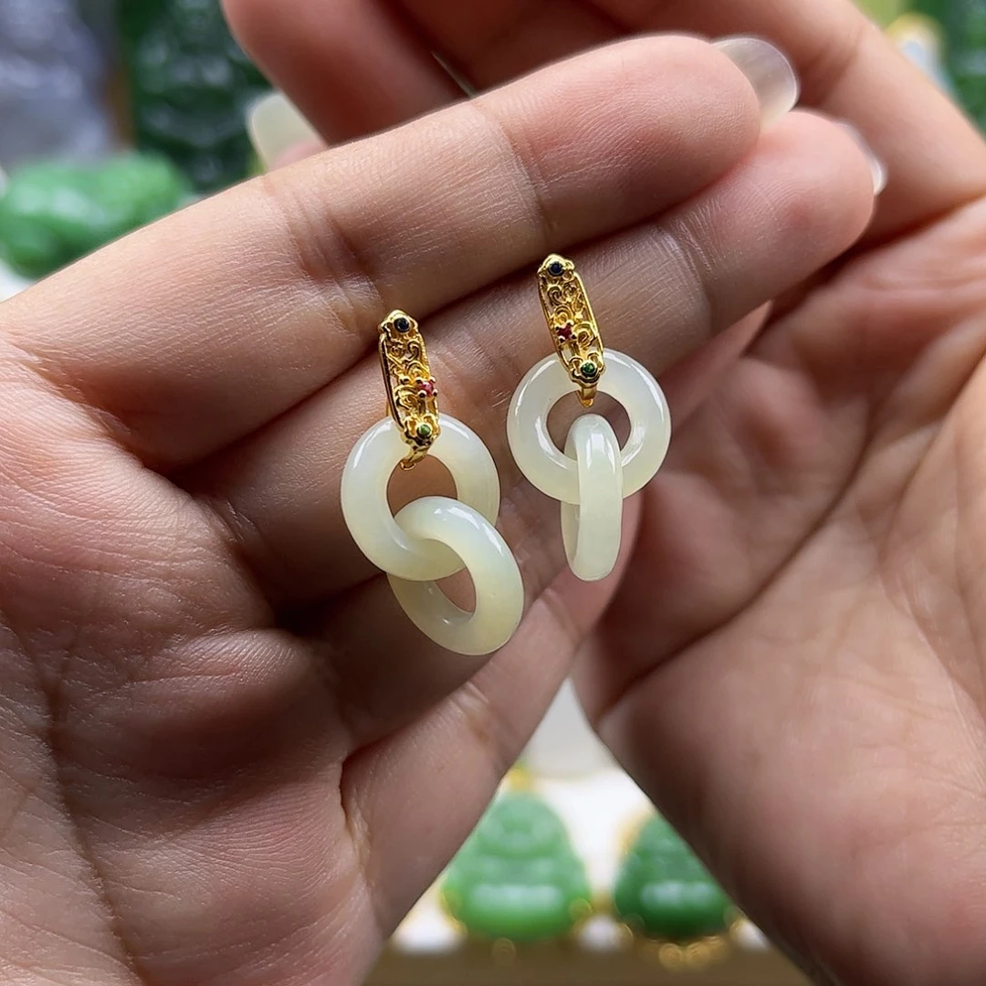 和田玉银S925镶嵌耳饰