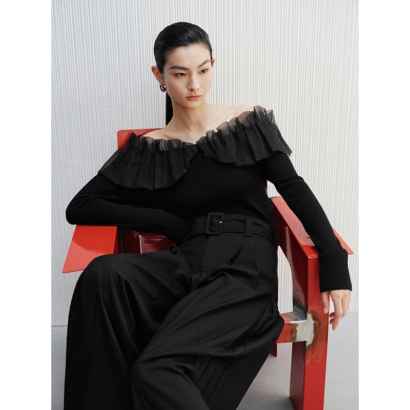 【毛衫】【商场同款新品】艾诺丝雅诗 一字领抽褶网纱针织衫 50128016