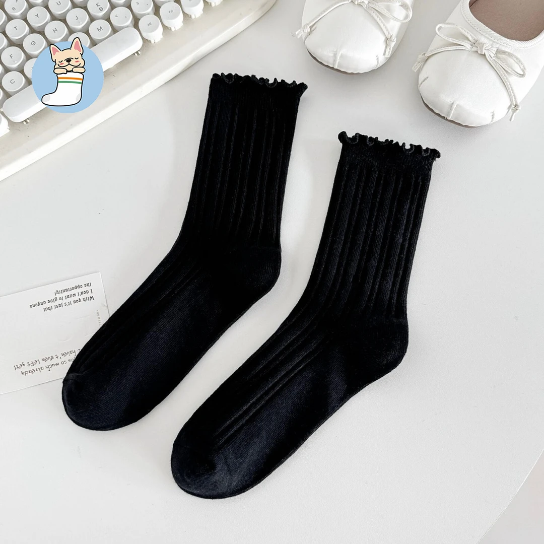 52袜子女中筒新款黑色双罗口袜学生外中筒袜子