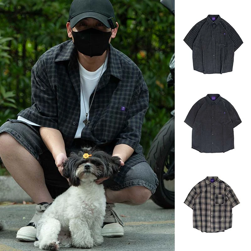 【高街廓形色织格子衬衫】oversize复古百搭街潮宽松短袖衬衫6755