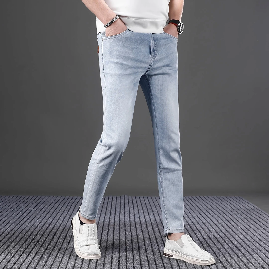 浅色牛仔裤男款修身小脚爆款2025新款夏季薄款高端弹力百搭九分裤
