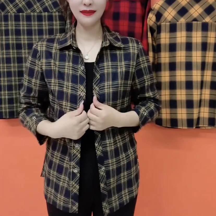 格子衬衫女妈妈装春秋复古中老年休闲设计感小众宽松衬衣外套上衣