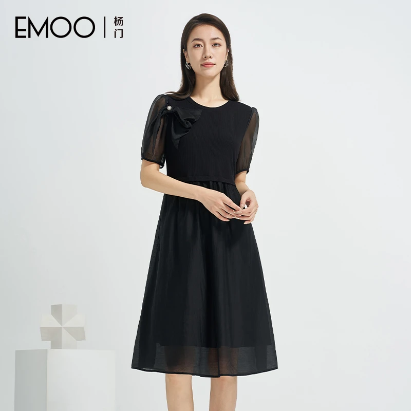EMOO/杨门长款时尚拼接女装中长款法式夏季连衣裙收腰E24L023085