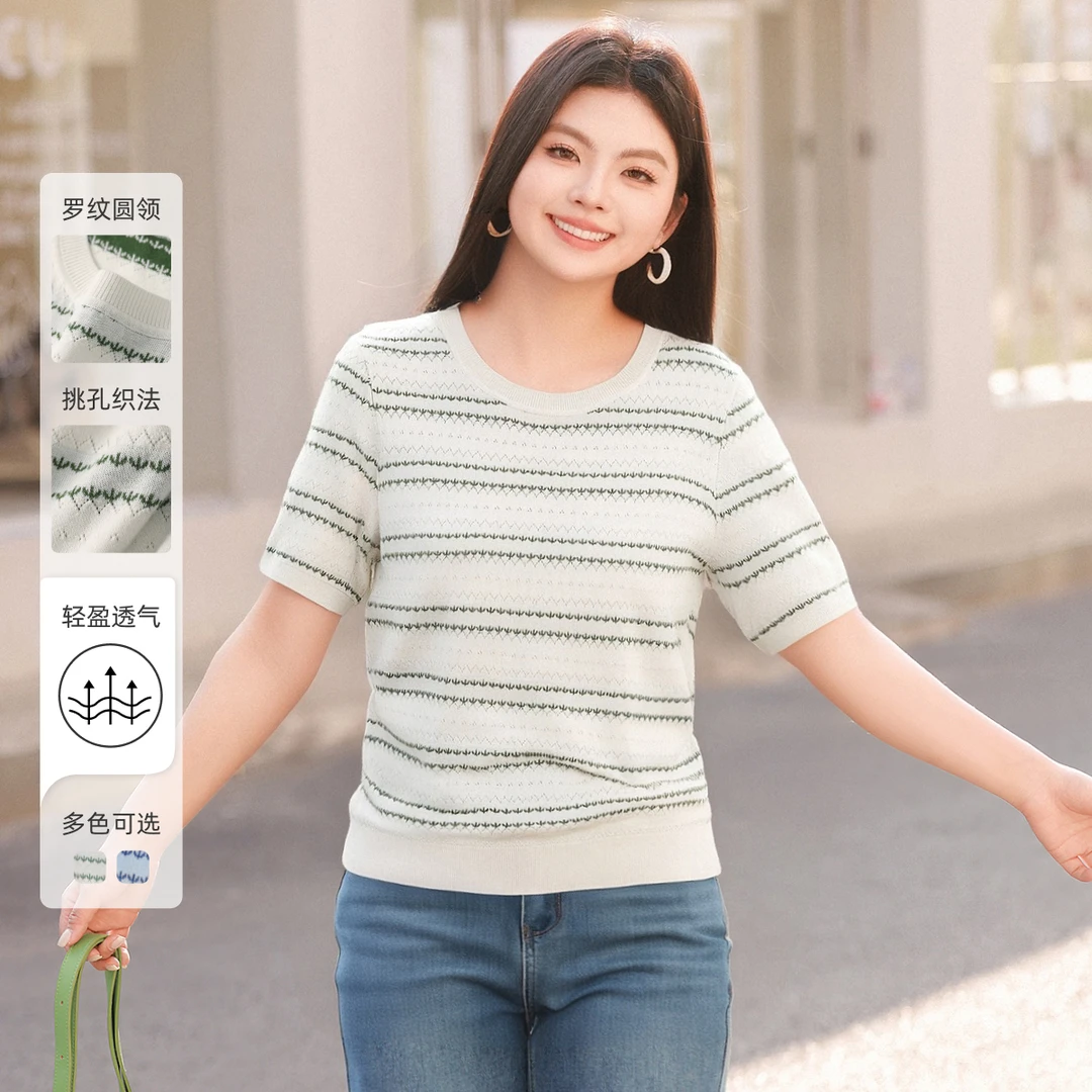 【撞色提花条纹短袖针织衫】MsShe大码女装夏季显瘦上衣V2503010