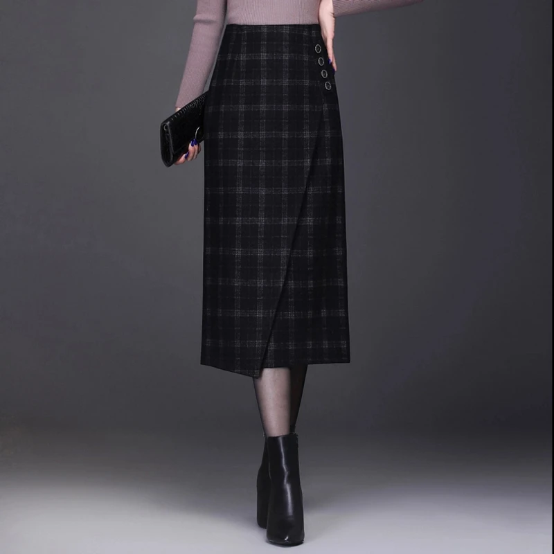 厚款秋冬毛呢不规则开叉包臀裙一步裙女冬中长款直筒裙格子半身裙