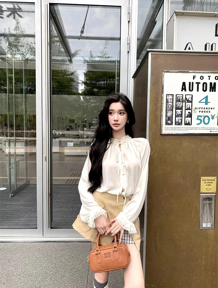 韩系蕾丝花边气质长袖衬衫女复古高级感不规则工装短裙两件套