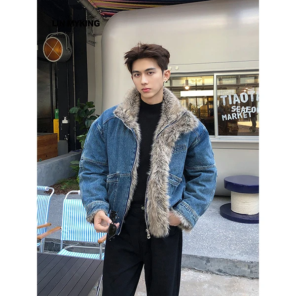 LIN MYKIN 座山雕加绒加厚牛仔皮毛一体棉服飞行夹克宽松外套男