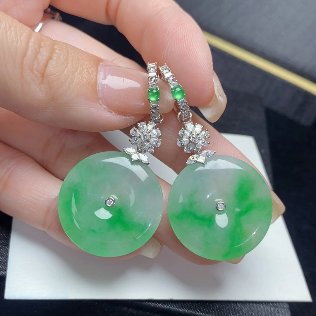 翡翠耳饰18K金镶嵌平安扣耳环吊坠两用款