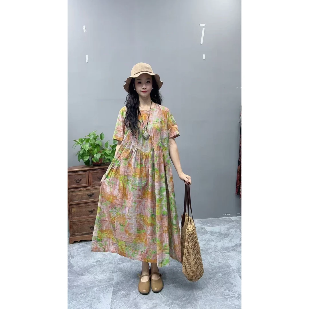 5017夏季新款清凉气质时尚复古遮肚宽松女显瘦百搭圆领休闲连衣裙