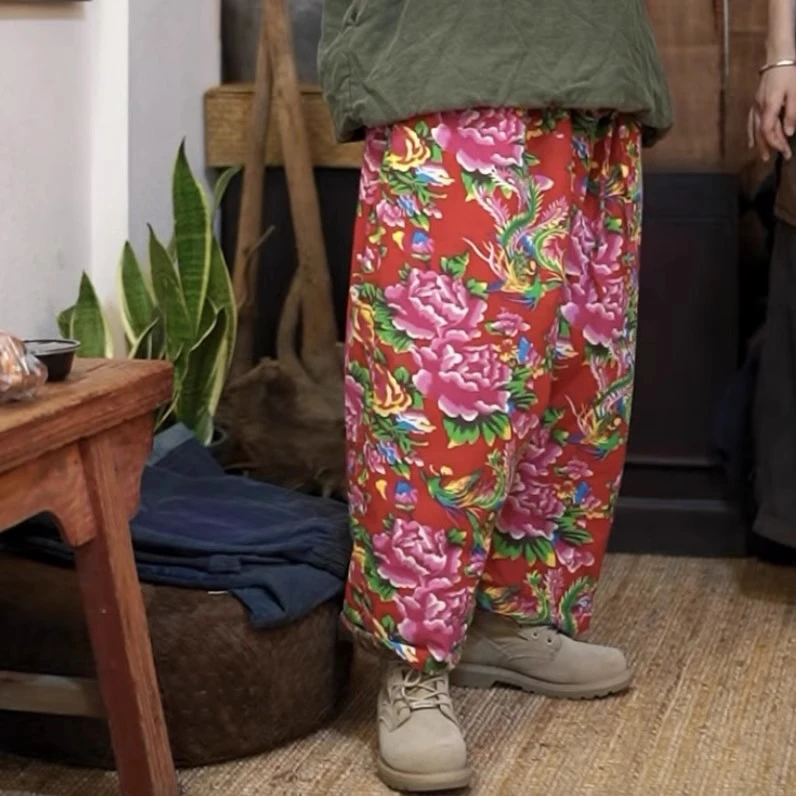 苏沐布衣沉香布衣草堂碎花休闲棉裤红色大花吊裆裤样随机