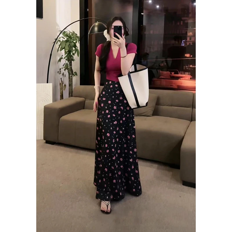 【预售】新款短袖夏季时尚V领上衣裙子套装50590