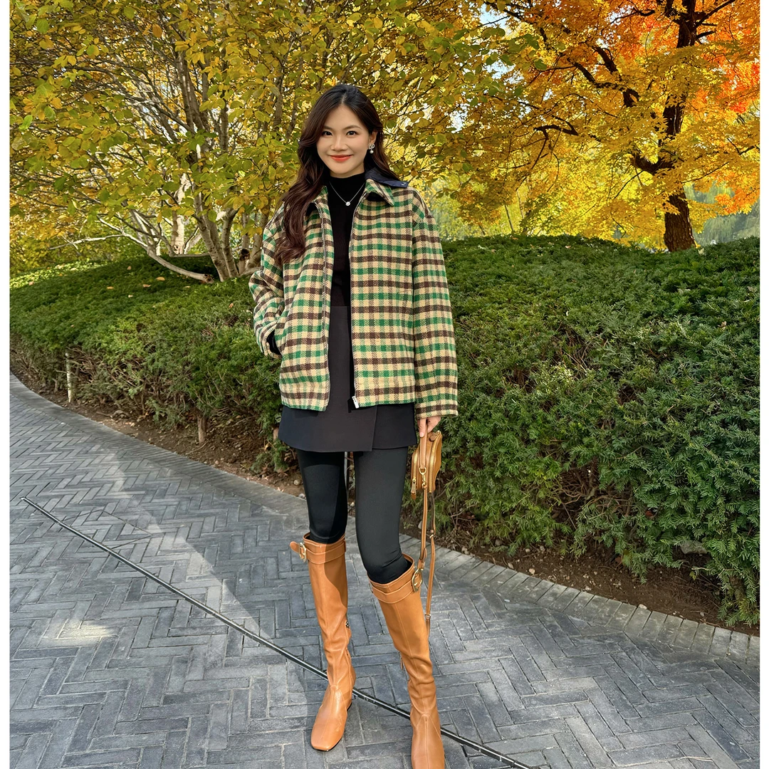 【琳媚】“外套”宽松休闲羊毛绿色格子拼接连帽外套