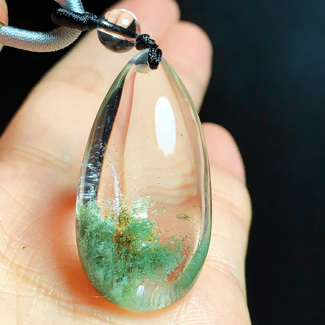 东海水晶天然绿幽灵水晶水滴吊坠毛衣链平安坠男女款聚宝盆饰品