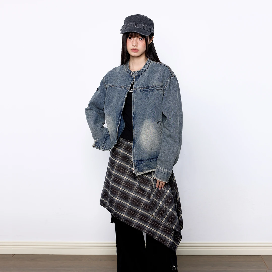 EZEK 早秋新款美式复古休闲水洗做日毛边立领牛仔夹克外套