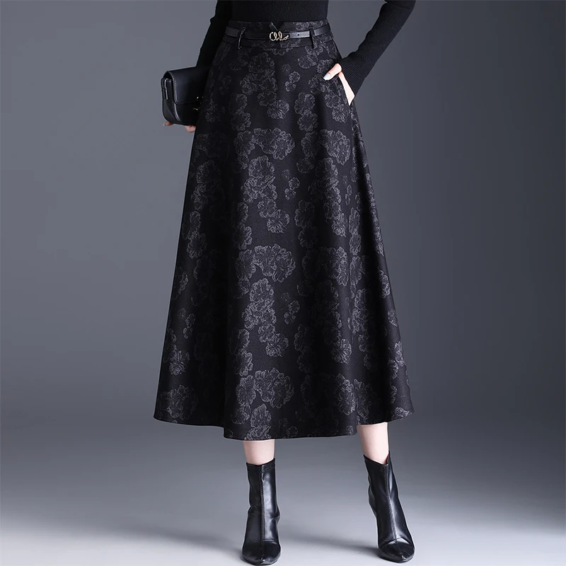 复古印花毛呢半身裙子秋冬新款高腰显瘦长款百褶a字裙气质大摆裙