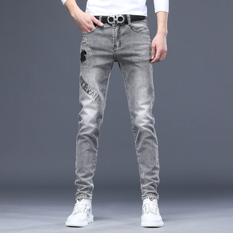 DESITASH新款高端烫钻印花牛仔裤男欧货潮牌修身小脚韩版休闲长裤