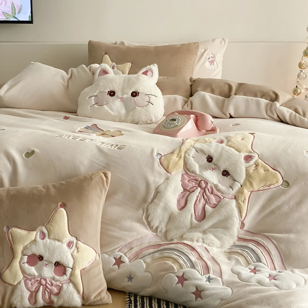 水星高端适用家纺可爱萌宠卡通被套冬季加厚牛奶绒四件套新款儿童