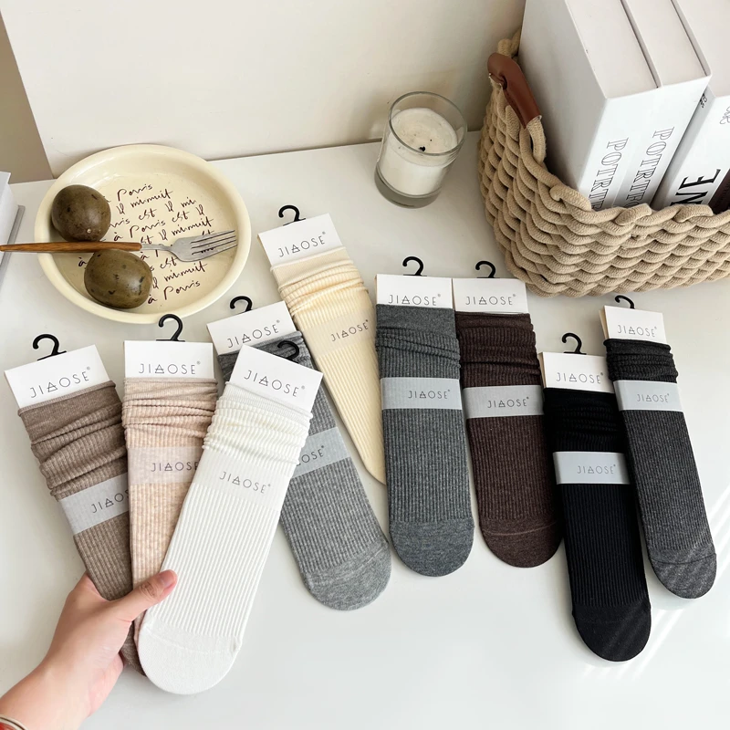 JIAOSE精梳棉微压女士中筒堆堆袜四季款美拉德色系纯色中筒女袜