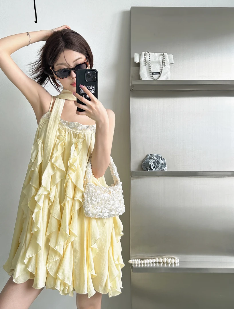 连衣裙吊带短裙辣妹性感夏季收腰女装显瘦蓝色法式洛丽塔泡泡袖