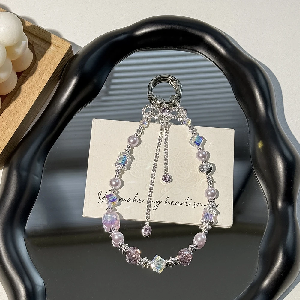 奢华闪钻蝴蝶结流苏手机链女款精致水晶串珠挂饰手工通用挂件短款